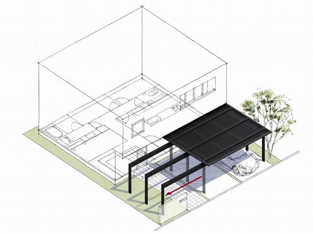 ↑エクスティアラ ルーフ 施工イメージ 梁延長説明 見下げアングル B7YF_イメージ_XCZZ0015