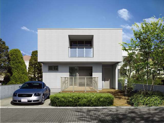 ↑ルシアス デッキフェンスA03型(横ストライプ T100 施工例イメージ_施工外観CG_XGSS0252A