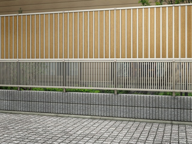 ↑2段支柱 T150(ブロック建て納まりH2(上ルシアス フェンスF01型 T100 W7 下エクスライン フェンス13型 T60 H2_15225_XFW70470H2